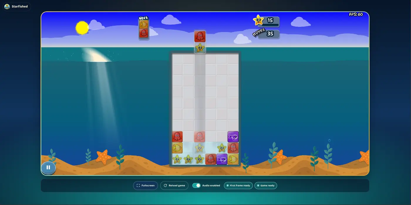 Starfished gameplay: a six-column board mid-combo with falling fish and octopus tiles